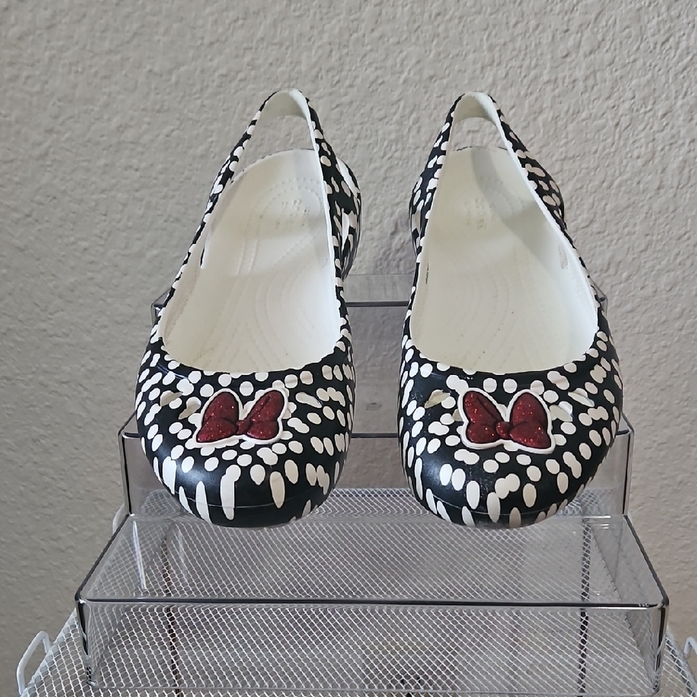 Disney CROCS  Black and White Polka Dot Flats with Red Bow Size 9